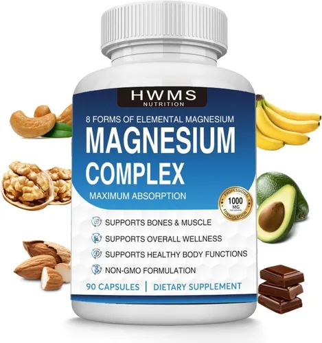 Complejo de magnesio Suplemento 8 Elemental 1000mg - Citrato, malato para una fácil absorción para huesos, músculos, recuperación, energía, vegano,