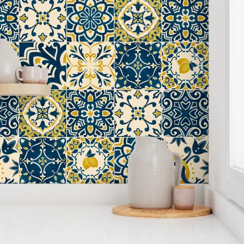Miniatura 8 de Papel tapiz para despegar y pegar – Azulejos amarillos Limones Cheater Quilt Italiano Mediterráneo Azulejos Siciliano Karge Escala Toscana, Papel