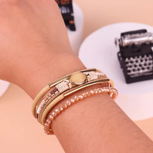 Miniatura 7 de FANCY SHINY- Pulseras de cuero de la envoltura de cuentas de cristal de la pulsera Boho Cuff piedra, dije, pulseras con cierre magnético de joyería