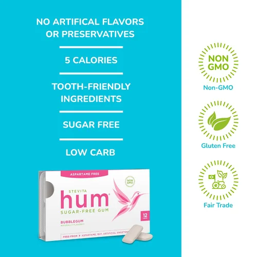 Miniatura 4 de Stevita Hum, Bubblegum - Goma de mascar sin azúcar - 12 piezas, paquete de 12 - Apoya la salud oral - Sin OMG, vegetariano, keto, sin gluten - 72