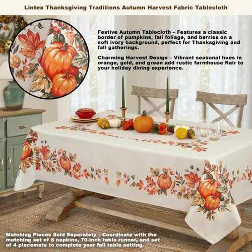 Miniatura 2 de Lintex Mantel de tela de cosecha de otoño de Thanksgiving Traditions, cuadrado de 52 x 52 pulgadas, parche de calabaza y borde de hojas de otoño