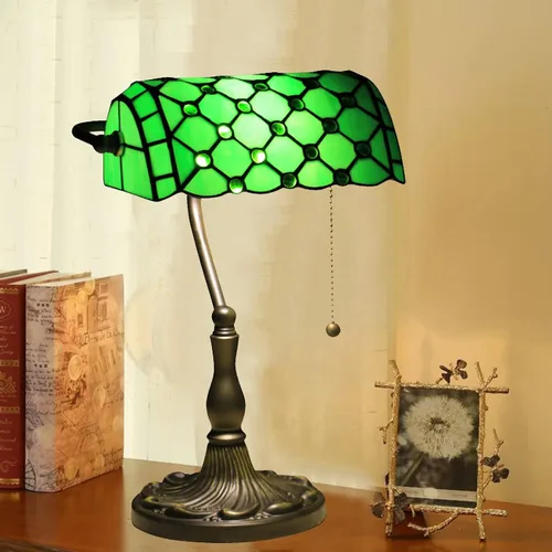 Miniatura 2 de Green Bankers - Lámpara de mesa vintage, luz de escritorio retro, lámpara de escritorio de oficina de vidrieras Tiffany, lámpara de cuentas