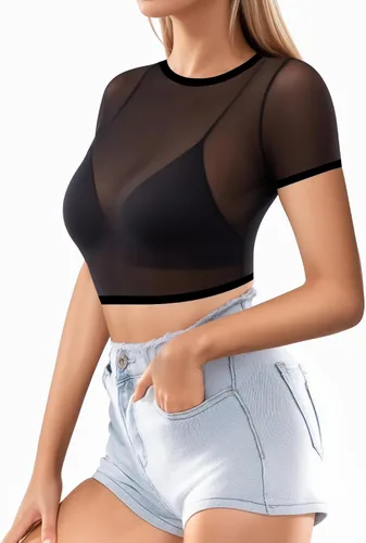 Miniatura 2 de MANGOPOP Blusa corta de manga corta de malla transparente para mujer