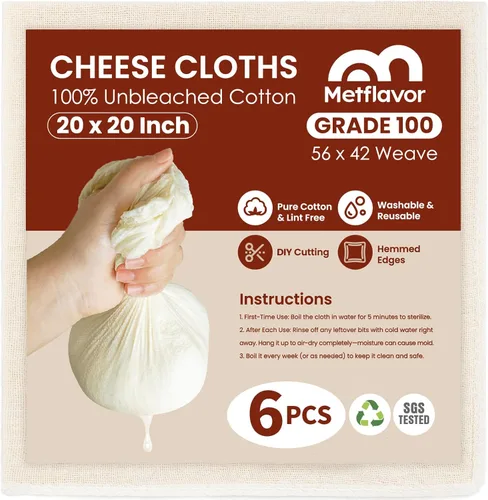 6 paños de queso reutilizables para colar de 20 x 20 pulgadas, paños de queso de grado 100 con dobladillo de 4 bordes, 100% algodón sin blanquear,