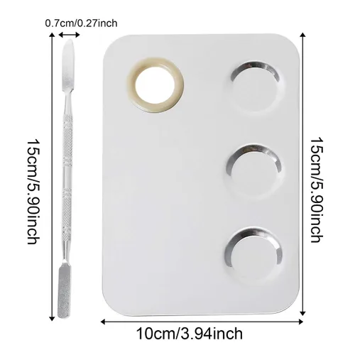 Miniatura 6 de Paleta de mezcla de maquillaje, paleta de maquillaje de acero inoxidable de 6 x 4 pulgadas, paleta de mezcla de 3 pocillos para arte de uñas, paleta