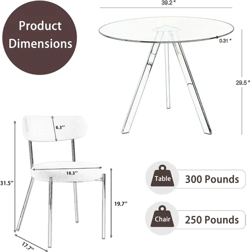 Miniatura 3 de Juego de mesa de comedor circular de vidrio de 39 pulgadas para 4, mesa de comedor redonda pequeña y 4 sillas tapizadas, moderno juego de mesa