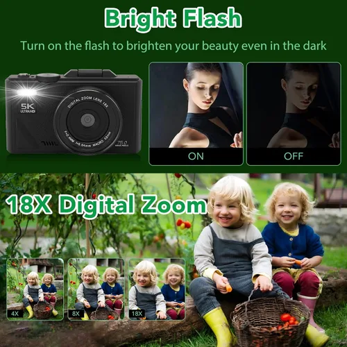 Miniatura 2 de Cámara digital 5K para fotografía con 3 pantallas abatibles de 180°, cámara de vlogging de 75MP para, cámara compacta HD, zoom digital 18X, cámaras