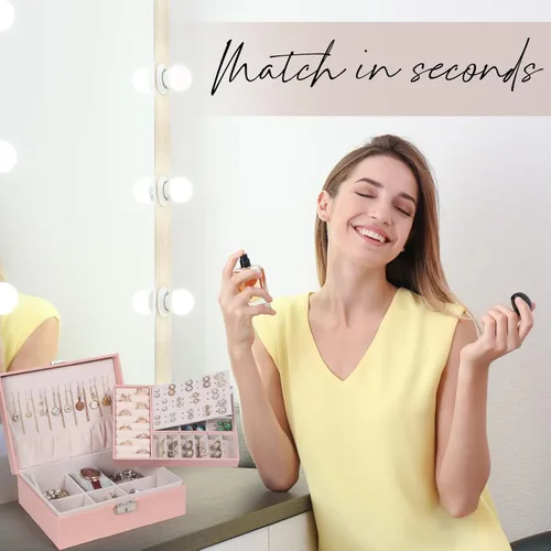 Miniatura 7 de Joyero para mujeres y niñas, contenedor organizador de joyas de 2 capas con cerradura, estuche de almacenamiento de piel sintética con bandeja