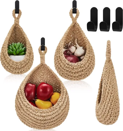 Miniatura 17 de Honeydak Cestas colgantes de pared bohemias para cocina, paquete de 3 cestas de lágrima con ganchos, almacenamiento de frutas, cebollas, verduras