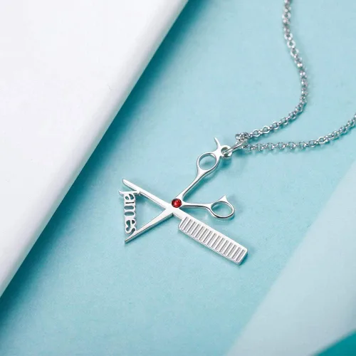 Miniatura 4 de AILIN Collar de peluquería personalizado de plata de ley 925 de acero inoxidable con nombre personalizado, peine de tijera, dije de tijera