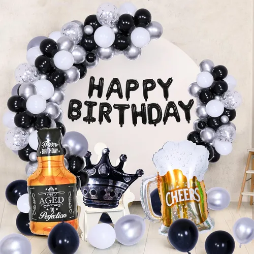Miniatura 5 de Globos de cumpleaños negros y plateados para hombres y mujeres, decoraciones de feliz cumpleaños para niños, pancarta de globos de feliz cumpleaños