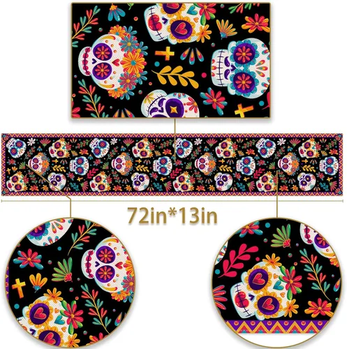 Miniatura 2 de Pudodo Camino de mesa del Día de los Muertos con calavera de azúcar, Día de los Muertos, festival mexicano, vacaciones, cocina, comedor, decoración