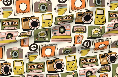 Spoonflower Tela – Cinta de cassette Cámaras Retro Fotografía Música Analógica Vintage Impreso en Tela de Algodón Pétalo por The Yard – Coser