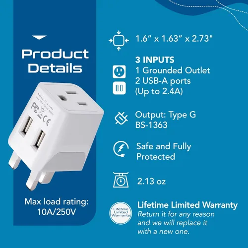 Miniatura 3 de Ceptics UK, Hong Kong, CTU-7-2PK Adaptador de enchufe de viaje para Irlanda con USB dual - Tipo G - Londres - Entrada EE. UU. - Peso ligero