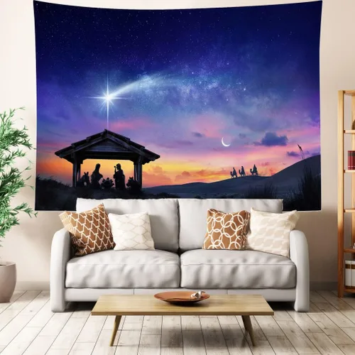 Miniatura 2 de LB Tapiz de Natividad de Jesús, tres hombres sabios, tapiz para colgar en la pared, tapiz de estrella de Belén, póster cristiano de Navidad