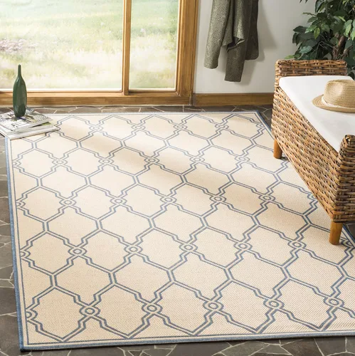 SAFAVIEH Alfombra lavable para exteriores Linden Collection - 8 x 10 pies, crema y azul, no desprende pelusa y fácil de limpiar, ideal para patio,