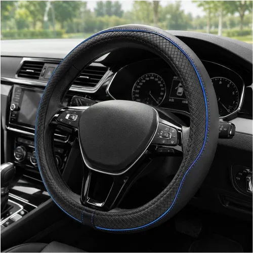 Miniatura 16 de Funda para volante de automóvil, 15 pulgadas, antideslizante, de cuero transpirable, protector de volante suave envolvente completo para hombres