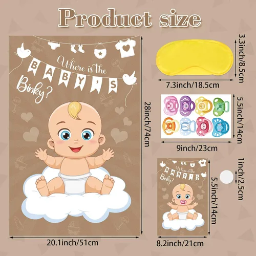 Miniatura 4 de Pin The Pacifier On The Baby Game Póster de juegos de chupetes con 64 calcomanías para chupetes para baby shower, regalos de fiesta, suministros