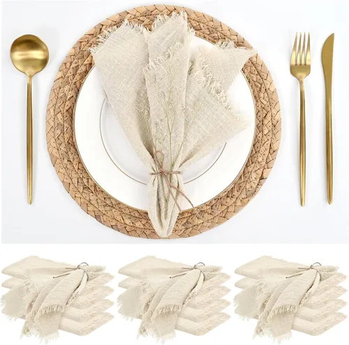Miniatura 17 de Paquete de 12 servilletas de lino y algodón beige de 16 x 16 pulgadas, hechas a mano con flecos, servilletas de tela suave, lavables y rústicas