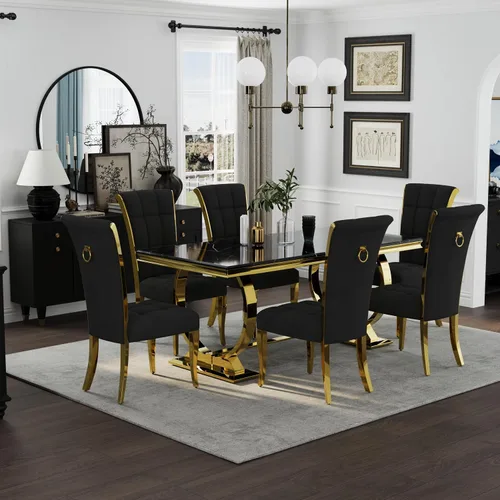 Miniatura 8 de Asday Mesa de comedor negra y dorada, mesa de comedor de lujo de 70 pulgadas con base en U de metal de acero inoxidable dorado para 4-8