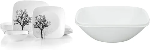Corelle Vitrelle - Juego de vajilla de servicio de 18 piezas para 6 piezas, Timber Shadows & Vitrelle 1 cuarto de galón, paquete de 2 tazones