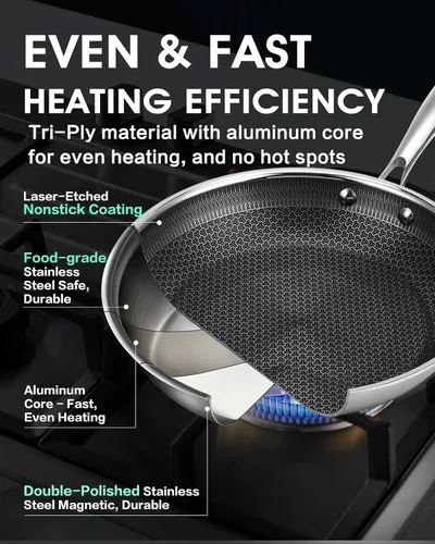Miniatura 3 de Sartén antiadherente de 8 pulgadas, antiadherente híbrido de acero inoxidable de tres capas, revestimiento de cerámica para chef, sin PFOA,