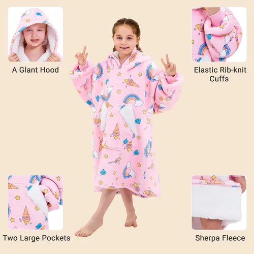 Miniatura 5 de Ramees - Manta con capucha portátil para niños, sudadera de sherpa de gran tamaño, manta de franela con capucha, bolsillo y mangas (arco iris)