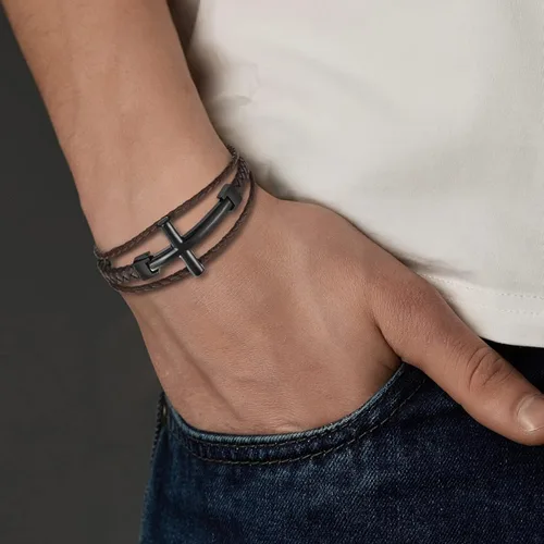Miniatura 2 de COOLSTEELANDBEYOND Men Stainless Steel Horizontal Sideway Lateral Cross Three-Row Braided Leather Bangle Bracelet