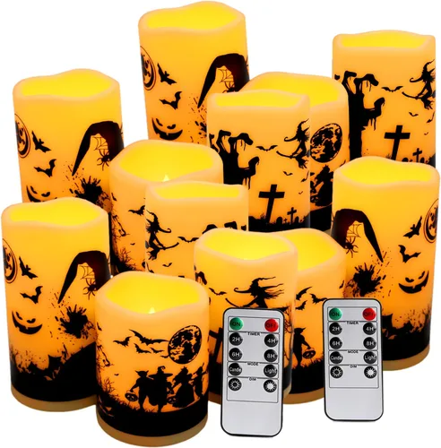 fclayvts Paquete de 12 Velas de Pilar LED Sin Llama de Halloween - Funcionan con Baterías con Control Remoto y Temporizador, Luz Cálida Parpadeante,