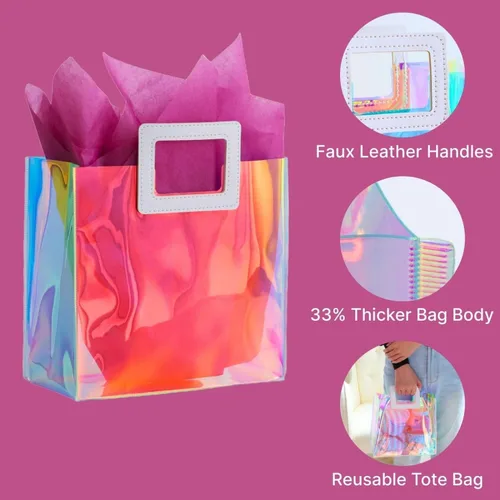 Miniatura 4 de Bolsa de regalo pequeña holográfica de 8.3'' con papel de seda, bolsa de regalo reutilizable para cumpleaños para niñas y mujeres, bolsa de novia, S