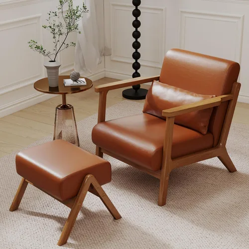 Miniatura 10 de Moderno juego de silla decorativa y otomana, sillón tapizado de piel sintética de mediados de siglo con marco de madera maciza y cómodo cojín