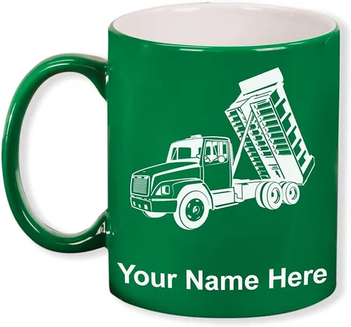Miniatura 13 de LaserGram Taza de café redonda de cerámica de 11 onzas, camión volquete, grabado personalizado incluido (negro)