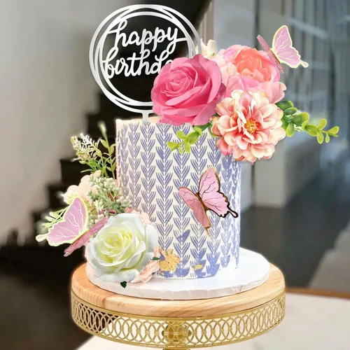 Miniatura 5 de 14 PCS Adornos para Pasteles de Flores Decoraciones de Pastel de Mariposa Adornos para Pastel de Feliz Cumpleaños con Flores de Rosa Rosa