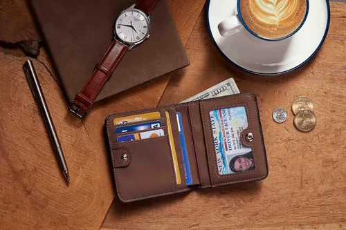 Miniatura 6 de Gostwo - Cartera compacta de piel genuina de lujo para mujer con bloqueo de RFID y ventana de identificación