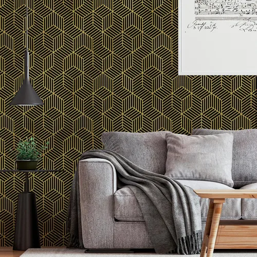 Miniatura 6 de WENMER Papel tapiz hexagonal geométrico de 17.7 x 118 pulgadas, para despegar y pegar, papel de contacto geométrico extraíble negro y dorado
