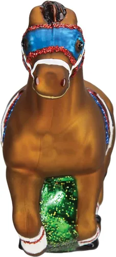 Miniatura 3 de Old World Christmas Adorno de cristal soplado de caballo de carreras para árbol de Navidad, decoración navideña artesanal, colección de caballos