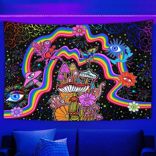 Miniatura 9 de NiYoung Tapiz Trippy para colgar en la pared, luz negra, arco iris, flores coloridas, ojos, estrellas, plantas mágicas, neón reactivo a los rayos