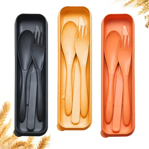 Miniatura 14 de YDYTOP Juego de utensilios de viaje reutilizables con estuche, cuchillo portátil de paja de trigo beige, tenedor, cucharas, vajilla, cubiertos