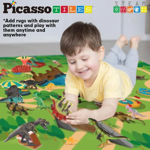 Miniatura 9 de PicassoTiles Juguetes de dinosaurio con tapete de juego de 32 piezas, juego de dinosaurios, kit de aprendizaje de actividades STEAM con libro Juego