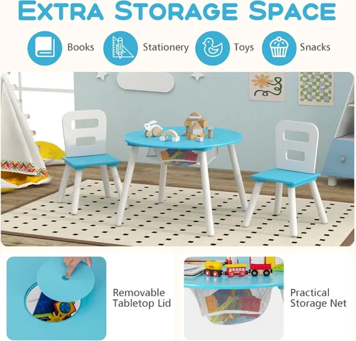 Miniatura 3 de Costzon Juego de mesa y silla para niños, mesa de actividades de madera con almacenamiento de malla central, muebles para niños y niñas, ideal