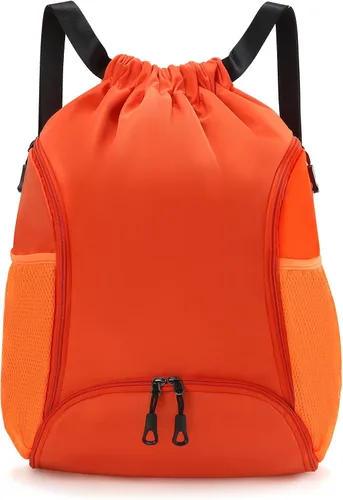 Valleycomfy Mochila deportiva con cordón y bolsa de baloncesto para zapatos y dos soportes para botellas de agua, color naranja