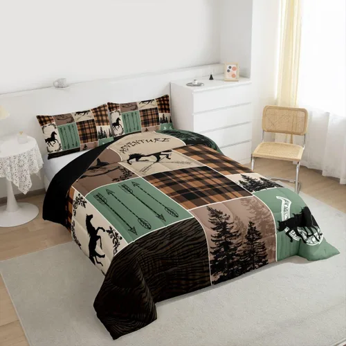Miniatura 218 de Juego de edredón de oso y ciervo, tamaño individual, ropa de cama de animales salvajes de caza, colcha rústica de cabaña, casa de campo, cuadros