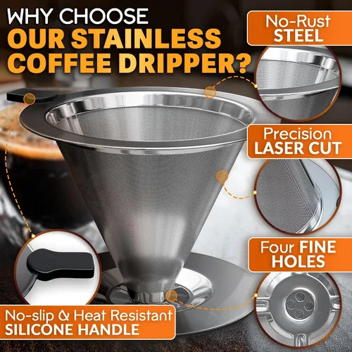 Miniatura 5 de Gotero para verter sobre café, cafetera de acero inoxidable de 3.18 x 4.48 pulgadas con mango de plástico grande, base ancha y segura y un cepillo