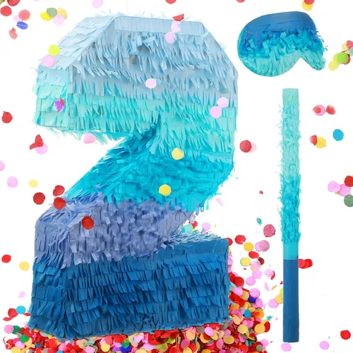 Sratte Piñata Número 1 2 3 4 5 6 7 8 9 con Palo, Venda para los Ojos, Confeti, Piñata Azul Degradado para Niños y Niñas Fiestas de Cumpleaños y