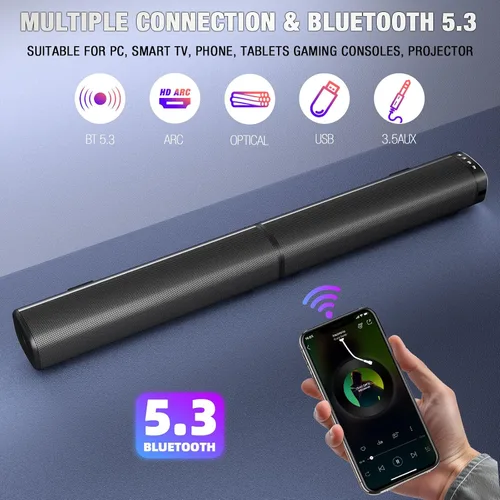Miniatura 9 de Puriom Barra de sonido para Smart TV, barra de sonido de 100 W con conexión Bluetooth 5.3/ARC/Opt/AUX, barra de sonido desmontable 2 en 1, altavoz