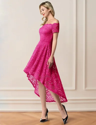 Miniatura 2 de Dressystar Vestido de Cóctel de Encaje para Mujer Hi-Lo con Hombros Descubiertos para Dama de Honor Vestido de Fiesta Formal Swing