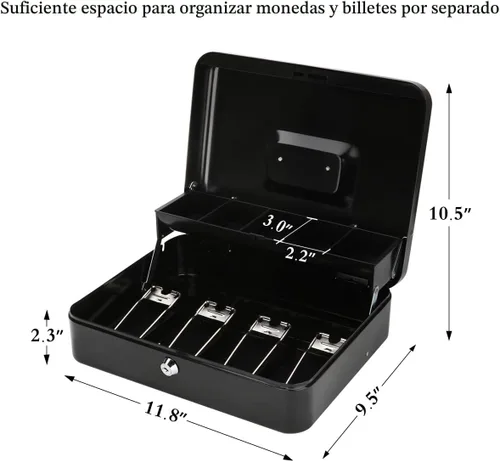 Miniatura 6 de Jssmst - Caja grande de seguridad para dinero con bandeja; caja con cerradura para dinero con cable de seguridad y cerradura de llave, de metal