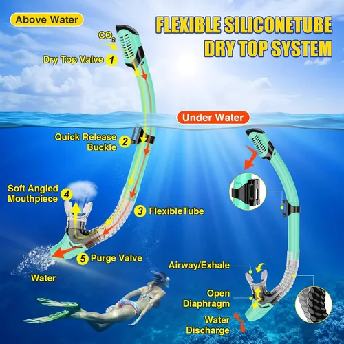 Miniatura 5 de Dry Snorkel Set,Panoramic Wide View Anti-Fog Scuba Diving Mask,Professional Snorkeling Gear for Adults Transparente Verde