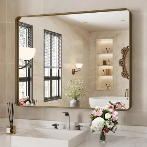 Miniatura 52 de WEER - Espejo de baño dorado, espejo de 40x32 pulgadas con marco de metal dorado cepillado, espejo de tocador de baño de oro para pared