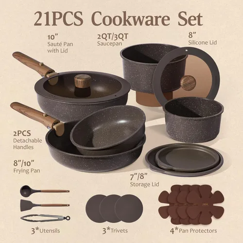 Miniatura 2 de CAROTE Juego de 17 piezas de ollas y sartenes antiadherentes con mango desmontable, juego de utensilios de cocina antiadherentes, juego de cocina